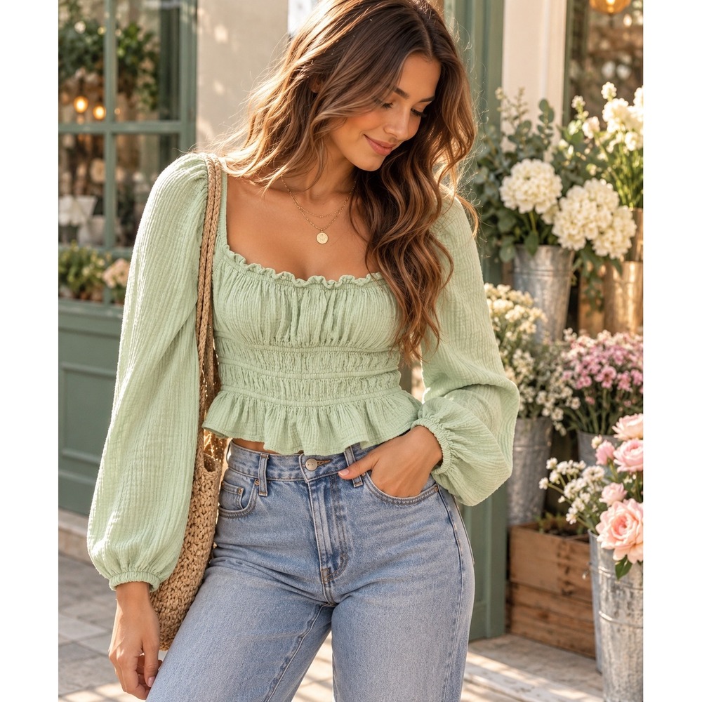 Wild Fable Mint Green Cotton Gauze Smocked Long Sleeve Crop Top Blouse Medium